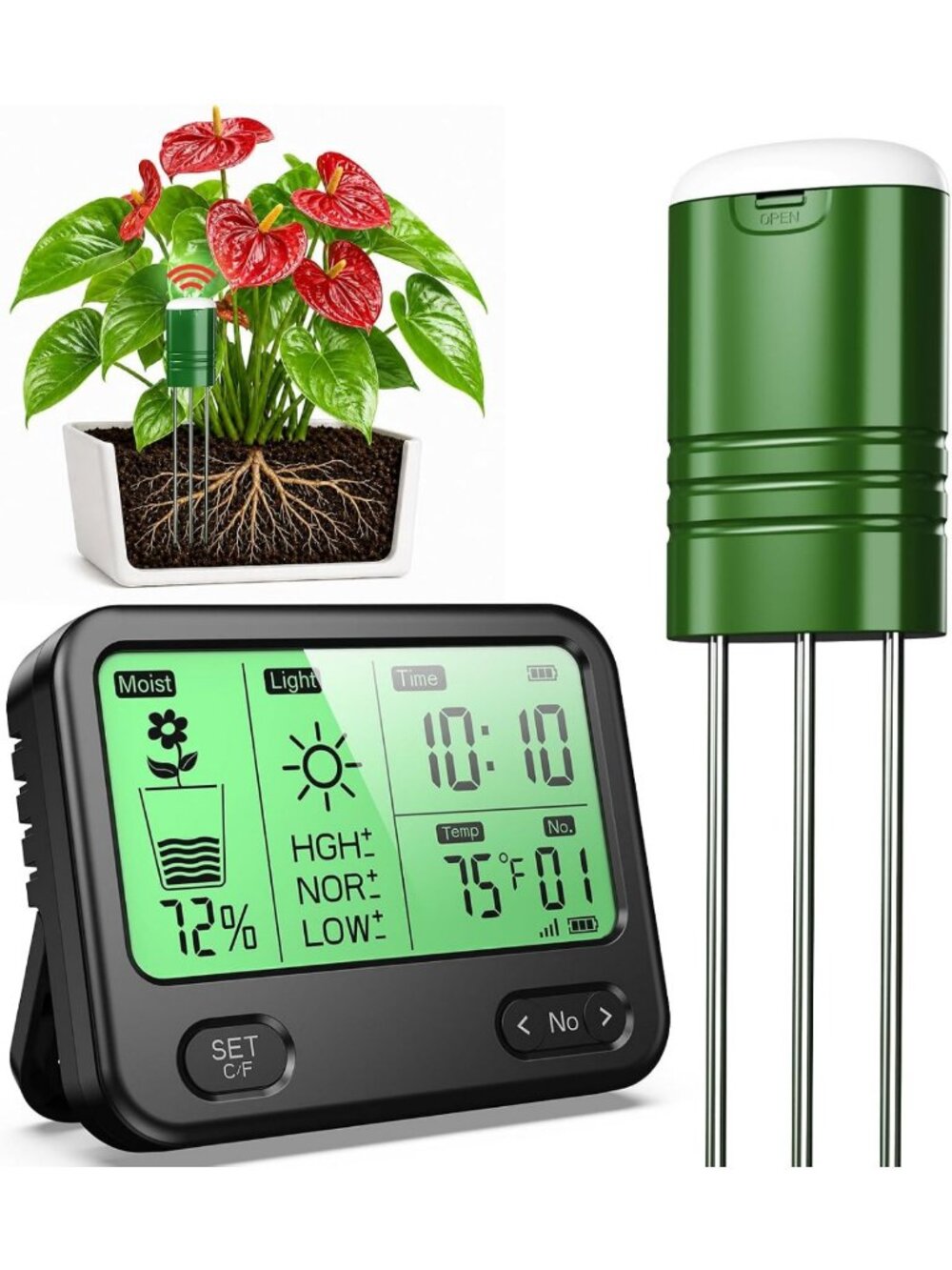 4-in-1 Soil Moisture Meter - Temperature, Sunlight & Moisture Tester for Plants